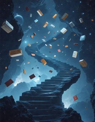 The primary subject of the image is a staircase made of books, with a blue background. The setting appears to be a cave or a dark, enclosed space. The visual style is digital art, as the staircase is depicted in a surreal and imaginative manner. The colors and mood of the image are predominantly dark and mysterious, with the blue background adding a touch of tranquility to the scene.